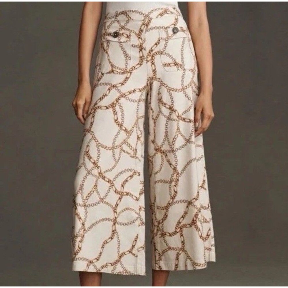 Maeve Anthropologie Cream Brown Chain Print Wide Leg Pants Size 10